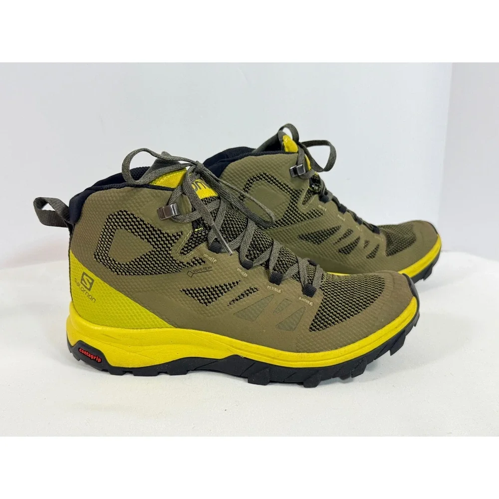 Salomon OutLine Mid GTX Hiking Boots Olive Green Yellow Gore-Tex 406793 Mens 7